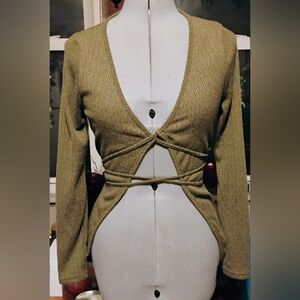 SHEIN Olive Green Ribbed Cutout Tie-Front Long Sleeve Cardigan